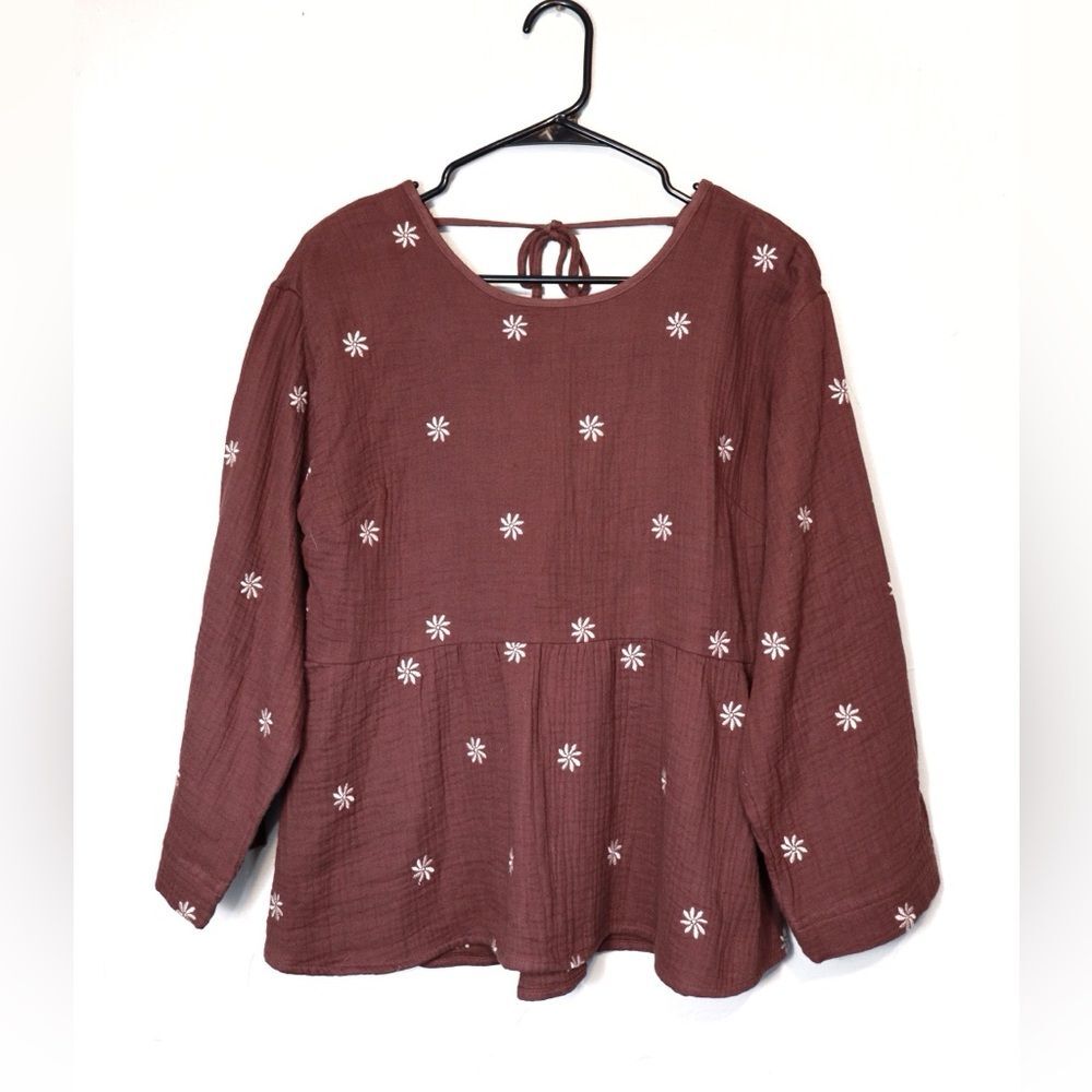 Madewell #NH018 Embroidered Lightspun Peplum Open Back Top Plum Purple Floral S